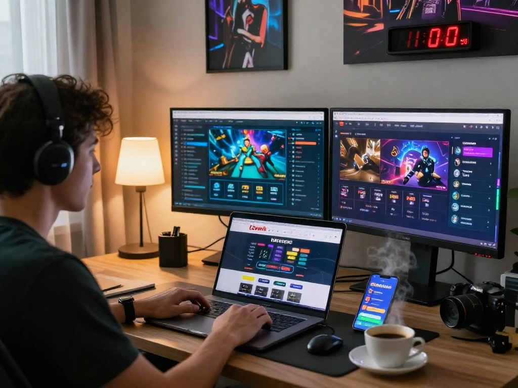 Explore the lavowin daftar interface on a laptop with vibrant gaming visuals in a modern workspace.