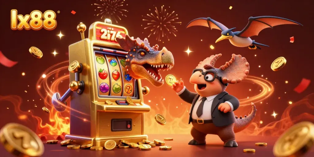 lx88 interactive casino scene featuring vibrant characters and slot machine action with dynamic golden coins.