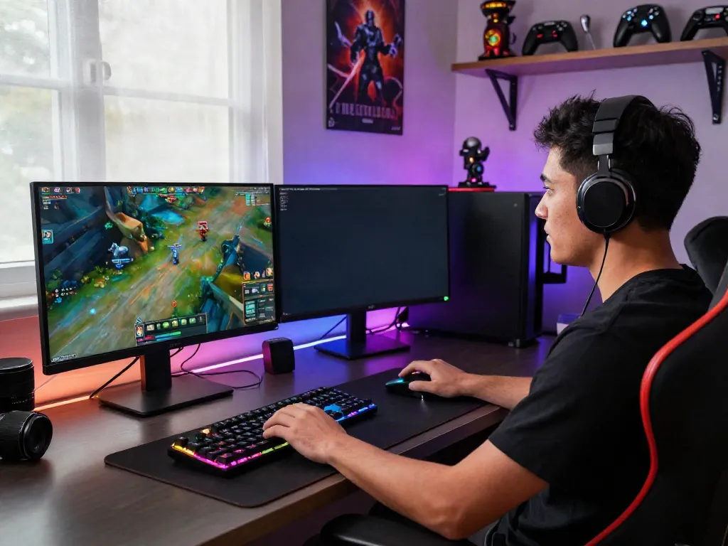 Enthusiastic gamer fully engaged in a multiplayer game on qqmacan with a dynamic home office setup.
