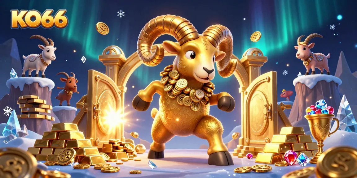 Engage with KO66's exciting casino features showcasing a golden ram and treasure-rich surroundings.