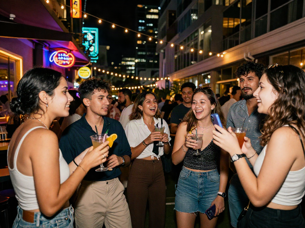 Friends enjoying vibrant nightlife at a trendy lounge for rokok88-themed gathering.
