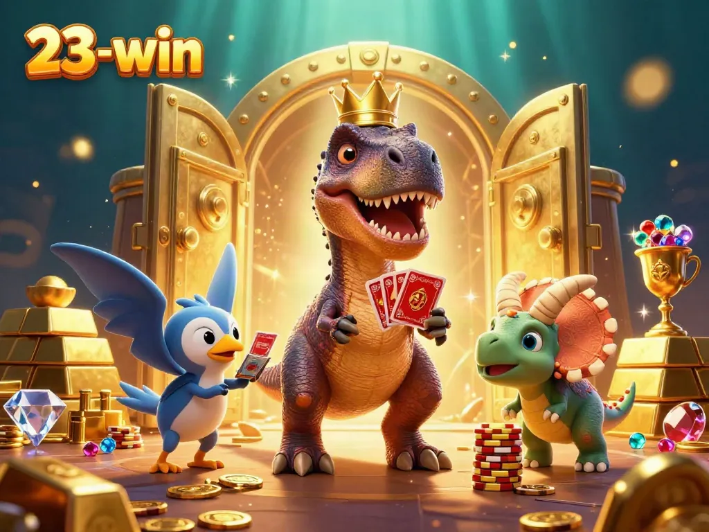 Experience the excitement of 23-win as a friendly T-Rex shuffles cards with a pterodactyl's help amidst golden treasures.