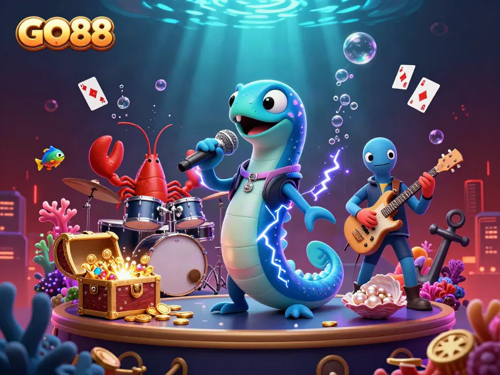 Experience the excitement of GO88 at an underwater casino stage with vibrant characters creating dynamic energy.