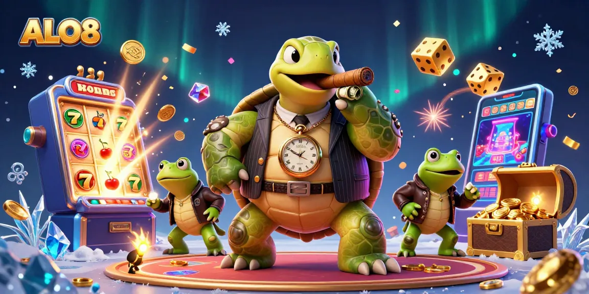 Experience exhilarating gaming at ALO8 with a 3D cartoon snapping turtle and dynamic casino elements.