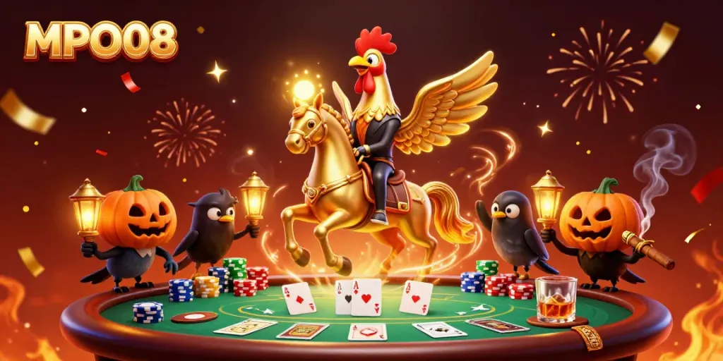 MPO08 casino illustration showcasing a golden rooster and companions in a dynamic gaming scene.