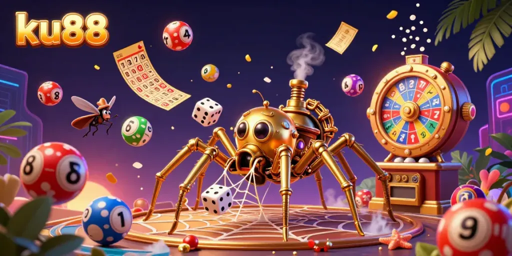 Experience lively gambling fun with ku88 as a golden spider weaves a web of chance in this vibrant casino scene.