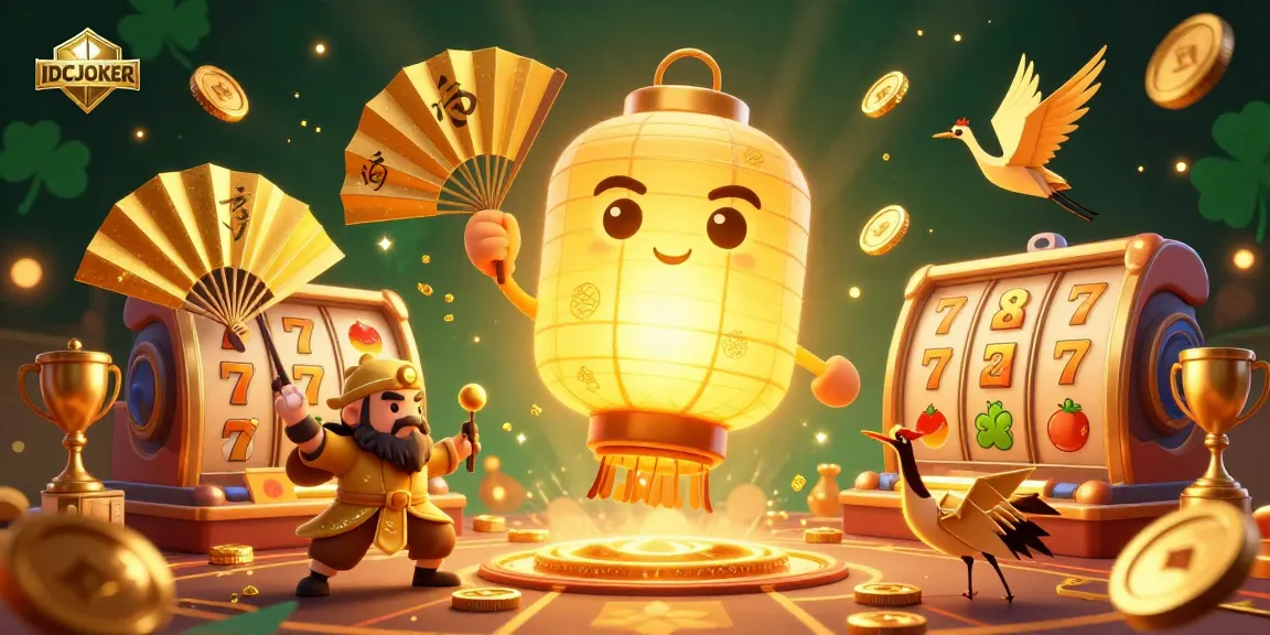 Engage with IDCJOKER in this vibrant, dynamic casino scene featuring golden lanterns, lucky symbols, and action-packed gaming.
