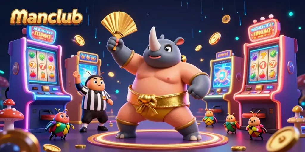 Spin and win with manclub: a vibrant casino scene showcasing dynamic beetle characters, golden coins, and slot machines.