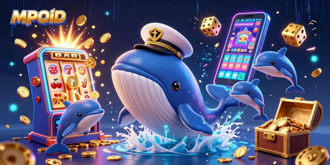 MPOID showcases a whimsical scene with a cartoon whale and casino elements bursting with excitement and riches.