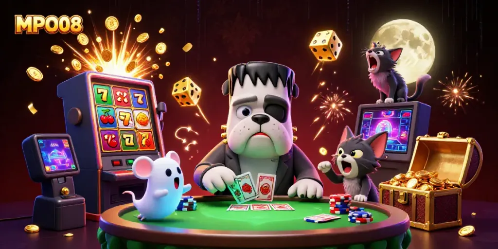 Experience MPO08's thrilling casino scene with cartoon monsters engaging in games.