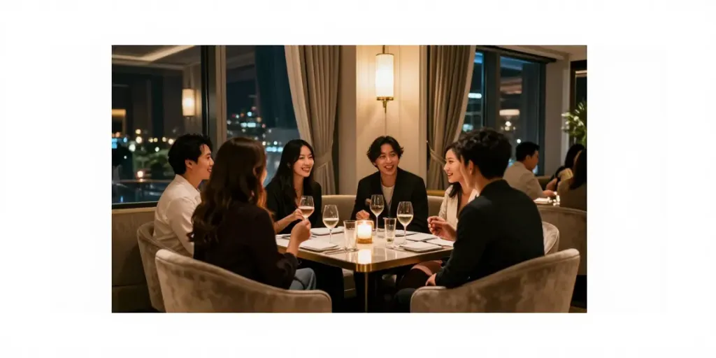 강남구구단의 고급스러운 독립 룸에서 친구들이 대화를 나누고 있는 모습