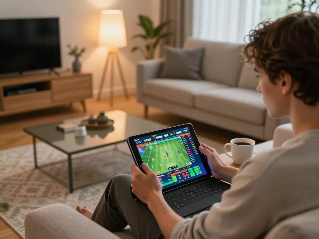 Person enjoying sports betting on tablet at home, experiencing Trang chủ Bet88 personal gaming atmosphere