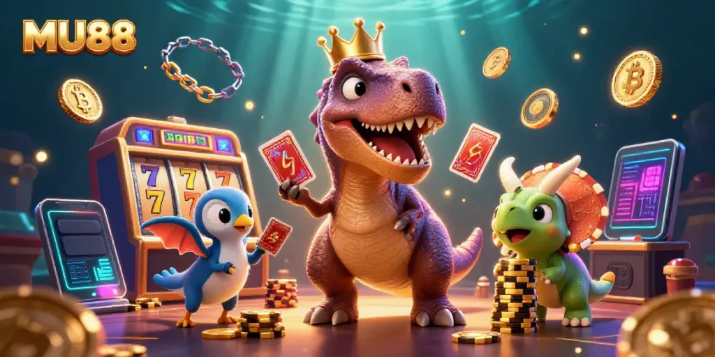Experience thrilling card games with MU88's colorful 3D casino illustration featuring friendly dinosaurs and crypto elements.