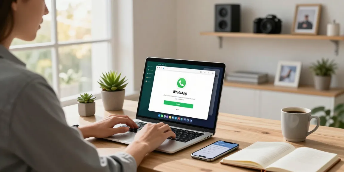 User installing WhatsApp電腦版 in a bright home office with laptop and smartphone.