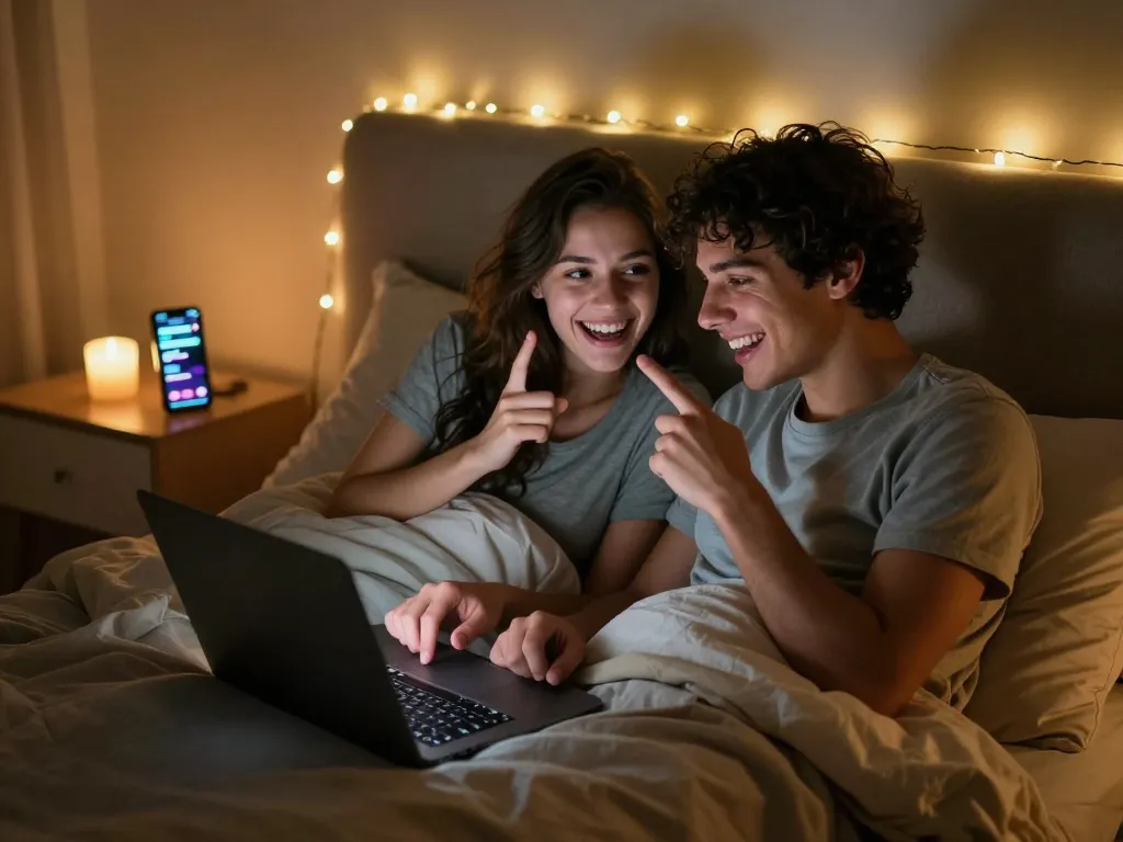 Engaging in an ai porn chat in a cozy bedroom setting.