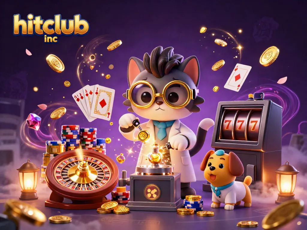 Hitclub inc features a mad scientist cat and assistant in a vibrant casino-themed scene.