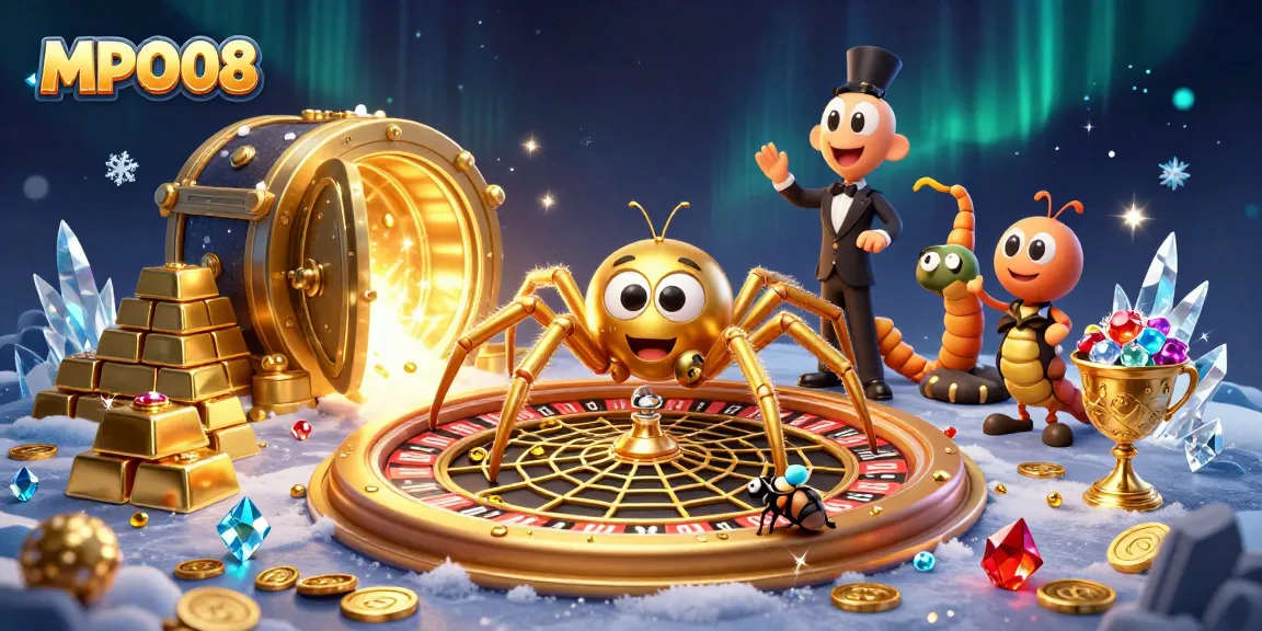 Bet with MPO08 at the roulette wheel spun by a centipede croupier, surrounded by treasures.