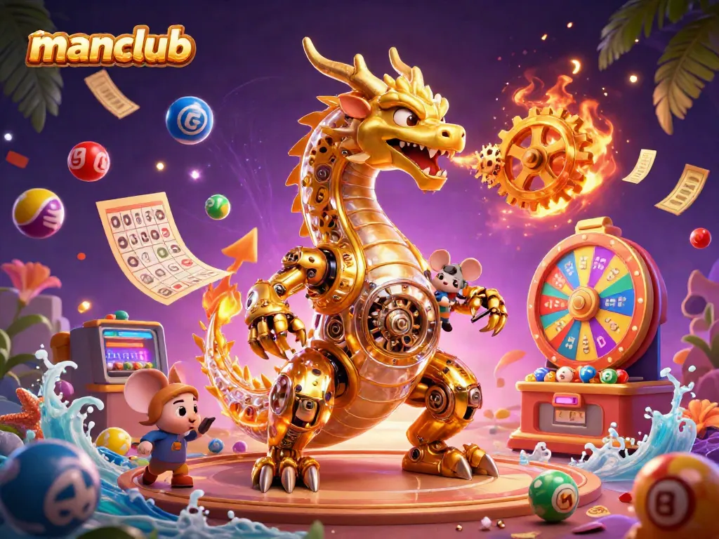 Experience the excitement of winning at Manclub with vibrant illustrations of dragons and casino rewards.