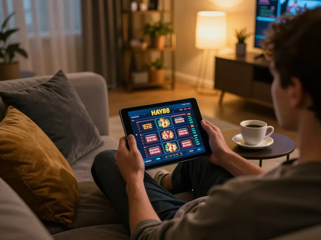 Player engaging with hay88x online casino app on tablet, cozy home setting with strategic focus.