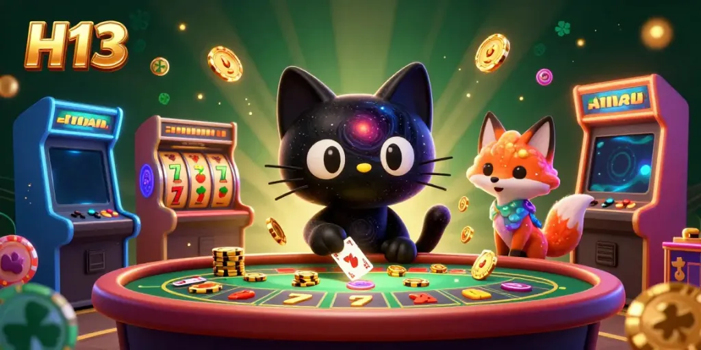 Experience cosmic jackpots with H13; a cartoon black hole cat and colorful gaming elements in a vibrant casino scene.