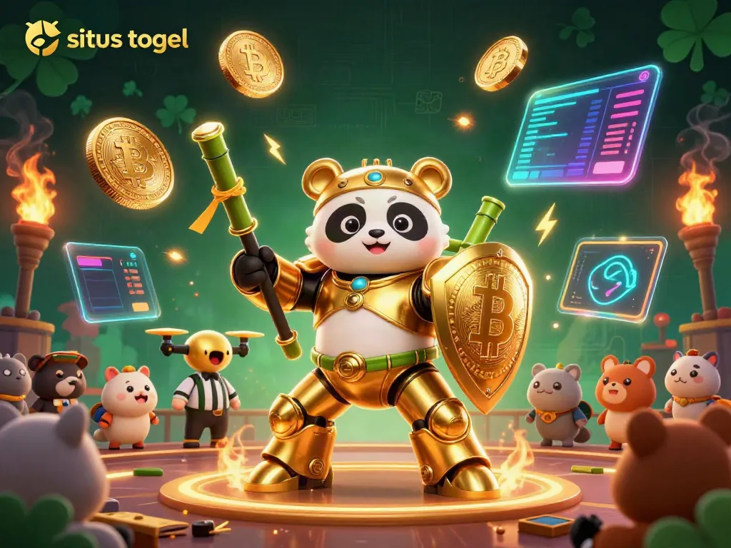 Engage in situs togel with dynamic gameplay featuring a mech-suit golden panda in a vibrant casino arena.