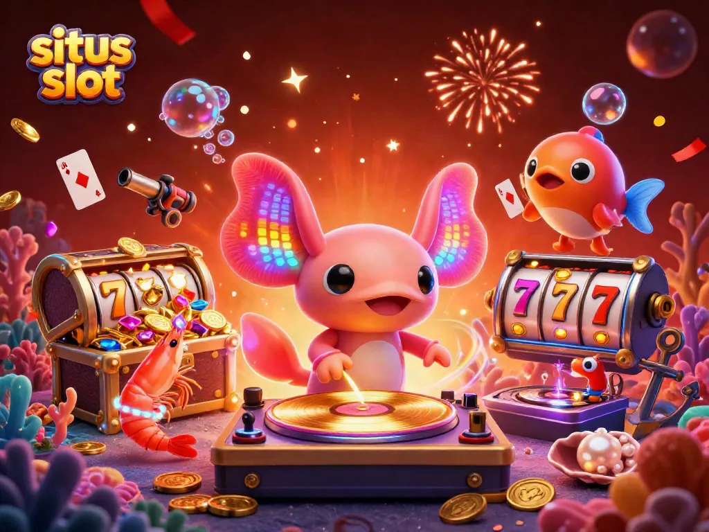 Engage in situs slot excitement with a vibrant underwater party of an axolotl DJ, spinning glowing games.