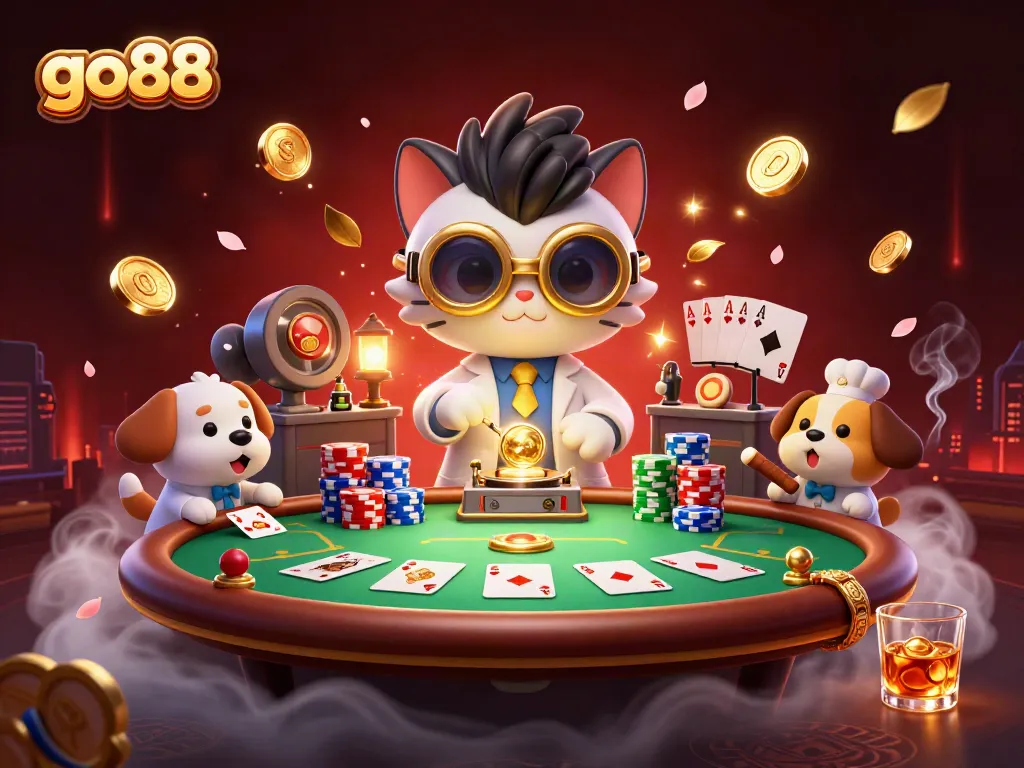 Experience the thrill of go88 with a mad scientist cat amidst a dynamic poker scene.