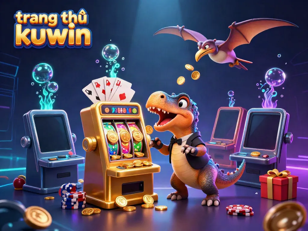 Experience excitement at trang chủ kuwin with a dinosaur and casino-themed illustration showcasing jackpots and coins.