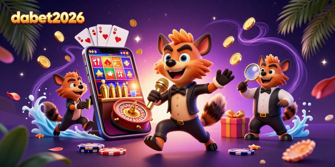Dabet2026's vibrant casino scene features cartoon hyenas enjoying a comedy club environment full of games and glitzy elements.