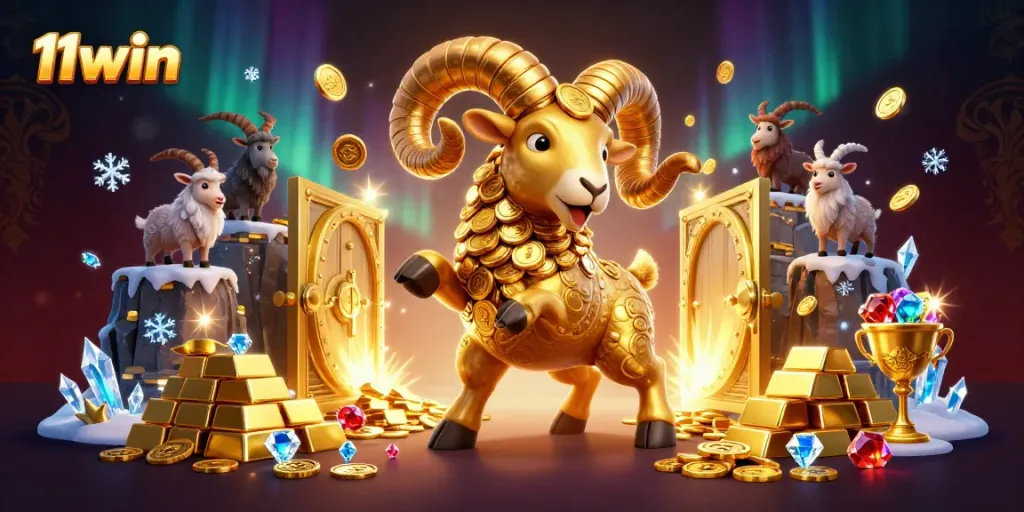 Engage with 11win's thrilling casino experience featuring a charging golden ram amidst vibrant treasures!