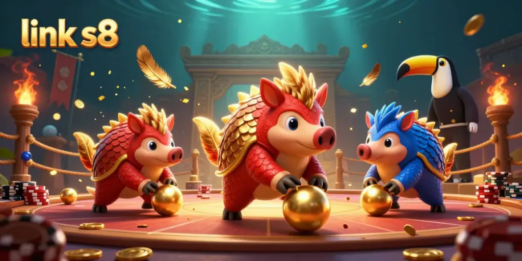 Compete in vibrant scenes featuring link s8 with cartoon pangolins in a gambling duel.