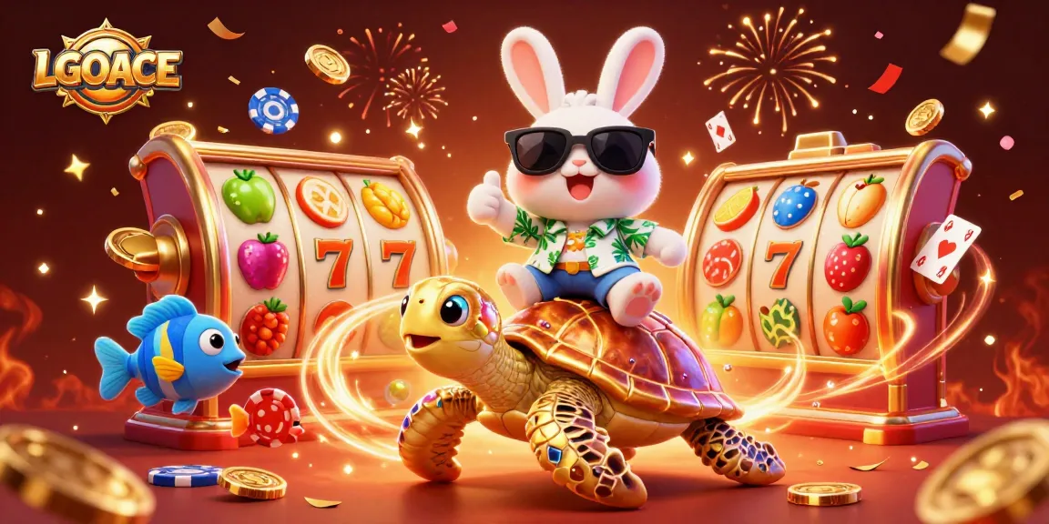 LGOACE players spinning slot reels and winning with vibrant cartoon characters creating excitement.