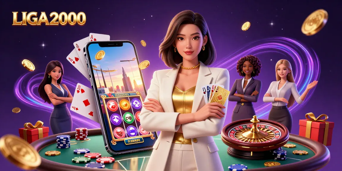 LIGA2000 menyajikan aksi permainan slot yang mendebarkan dengan wanita Asia yang anggun memegang kartu di tengah visual kasino yang hidup.