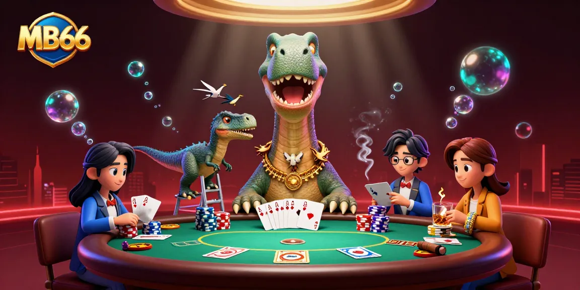 Play poker with MB66 at a vibrant casino featuring playful dinosaurs and chips everywhere.