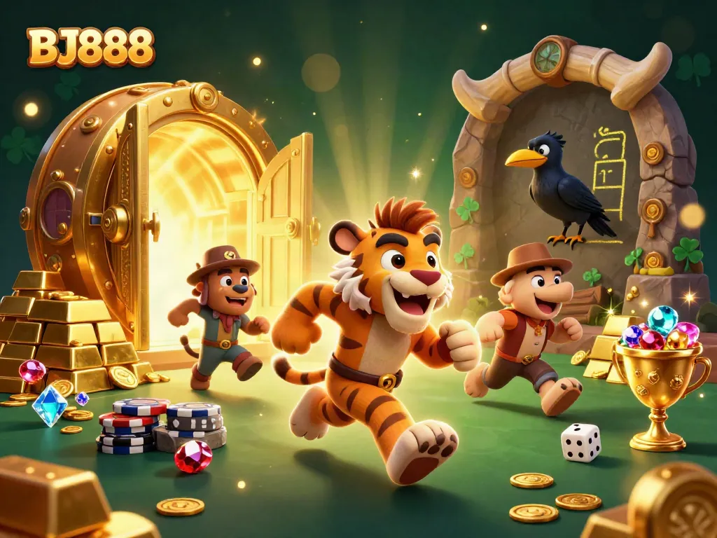 Engage in thrilling bets at BJ888 with lively casino elements and vibrant illustrations of action-packed gameplay.