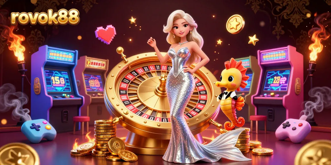 Play exciting games at rokok88 with a glamorous woman and a friendly seahorse amidst a vibrant casino backdrop.