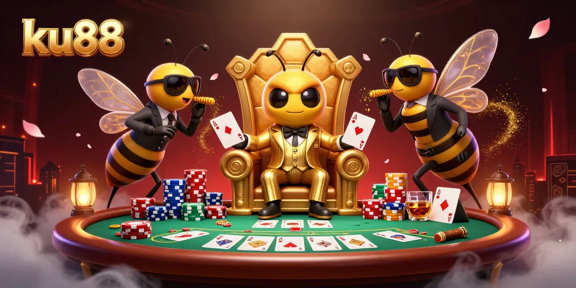 Engage with the vibrant scene of ku88 showcasing a cartoon bumblebee mob boss orchestrating a poker game.