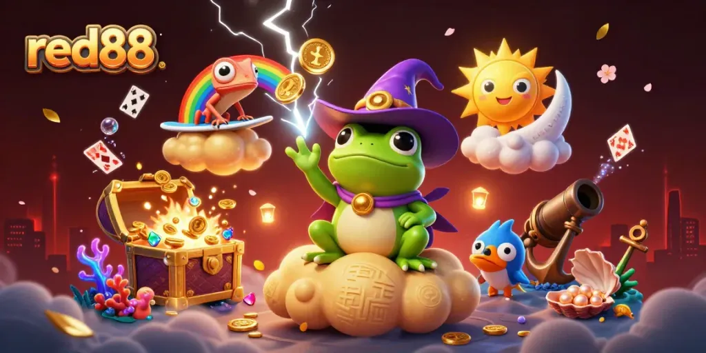 Experience the excitement of red88 with a whimsical scene of a wizard frog and chameleon amidst golden coins and playful games.