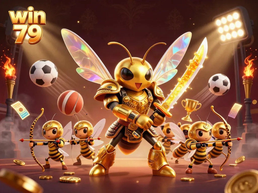 Win 79 attracts players in a vibrant 3D scene with golden samurai and bee archers amidst dynamic sports elements.