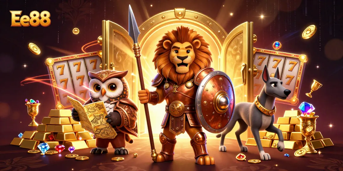 Engage with Ee88's vibrant casino world featuring a Spartan lion, owl strategist, and swift greyhound amidst golden treasures.