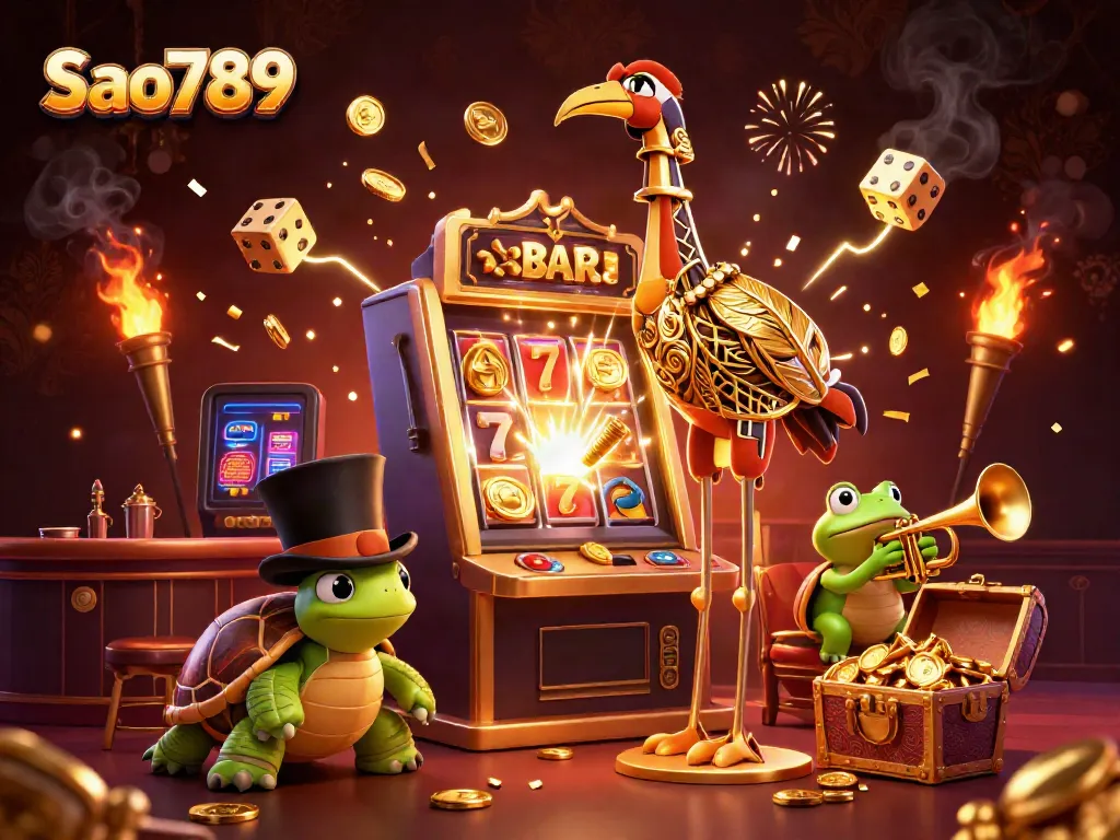 Sao789 presents a vibrant 3D casino scene with lively characters, a slot machine, and dynamic game elements.