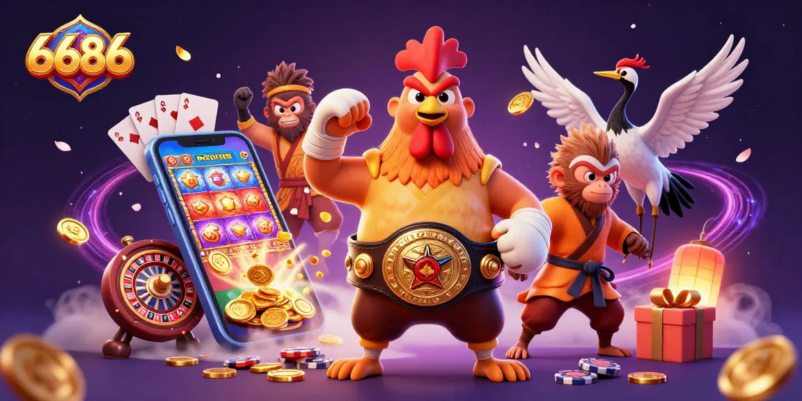 Experience the excitement of 6686 as a Muay Thai rooster, Shaolin monkey, and wise crane engage in thrilling gaming action.