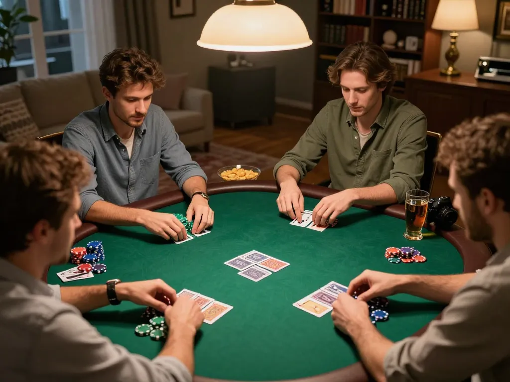MM88 players strategizing and enjoying poker at home, creating a vibrant and engaging atmosphere.