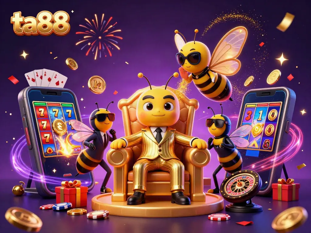 Experience the excitement at ta88 with a bumblebee mafia boss surrounded by jackpot games and vibrant casino elements.