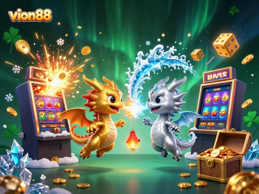 Experience thrilling gameplay with vion88's dynamic casino environment featuring slot machines and dragons.
