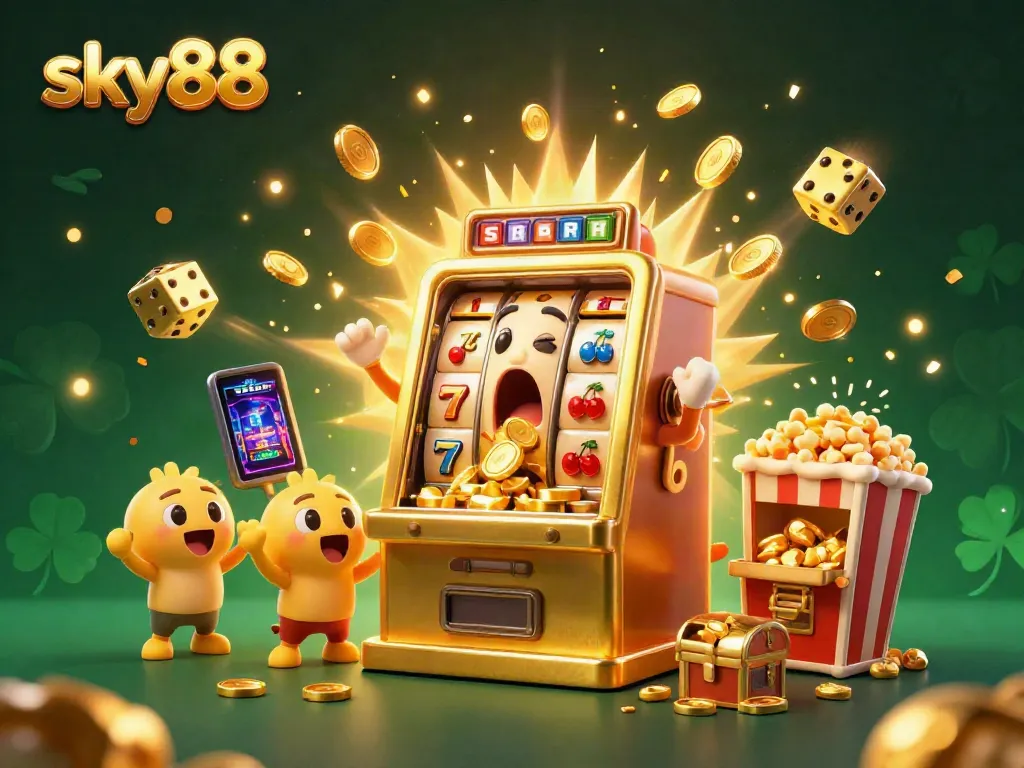 Experience the excitement at Sky88 as the golden slot machine wins a jackpot amidst colorful casino elements.