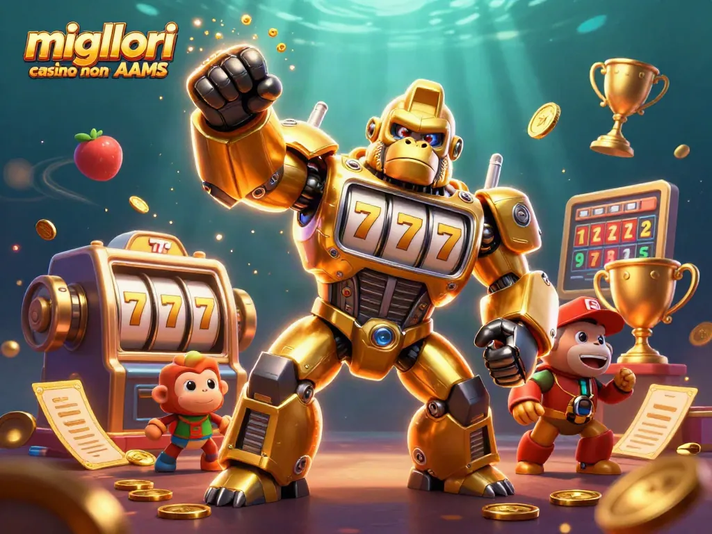 Scopri i migliori casino non AAMS tra slot e jackpot, con un gorilla meccanico in azione.