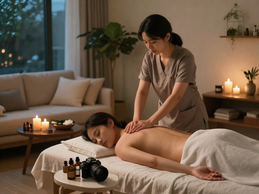 A soothing 강남출장마사지 experience with a skilled therapist providing a calming treatment in a cozy setting.