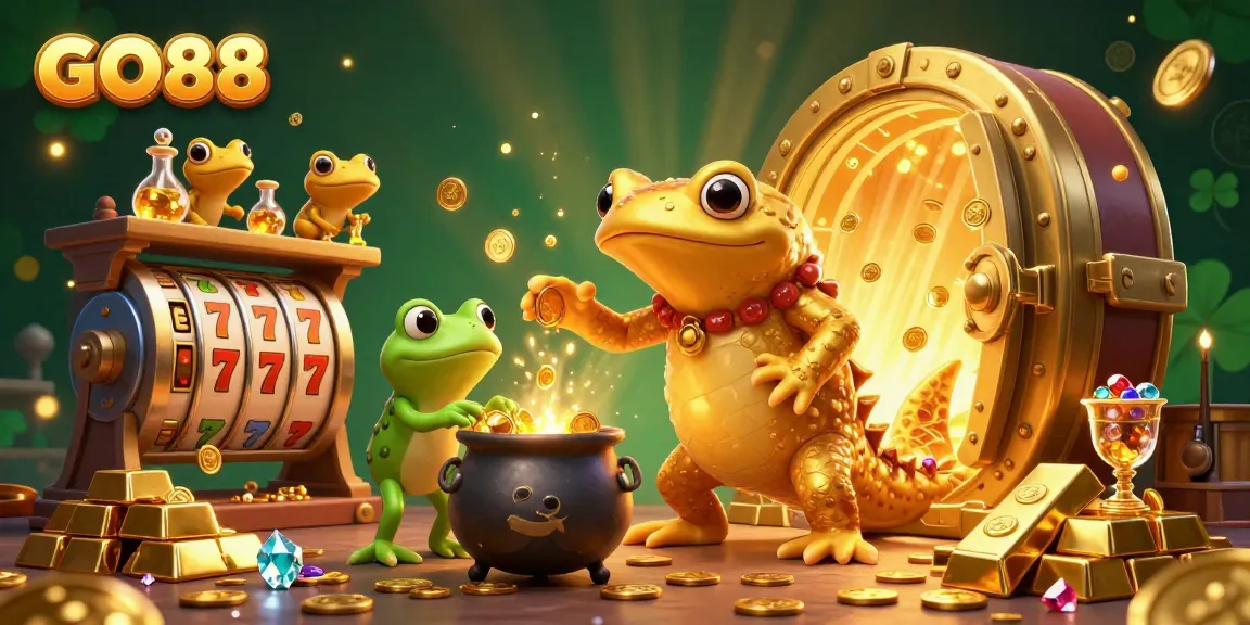Experience GO88's thrilling slots with a golden-themed 3D illustration showcasing game elements and animated characters.
