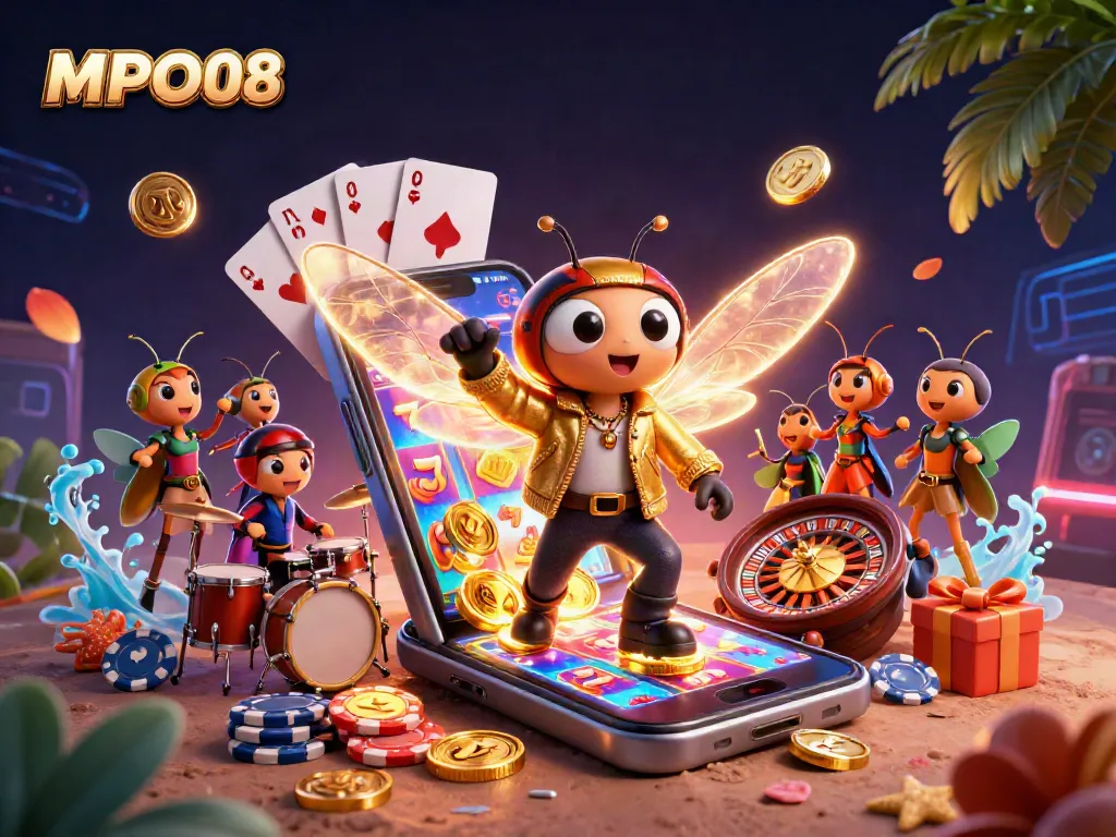 MPO08 slot game illustration featuring a cicada rock star, vibrant slot game elements, and lively casino atmosphere.